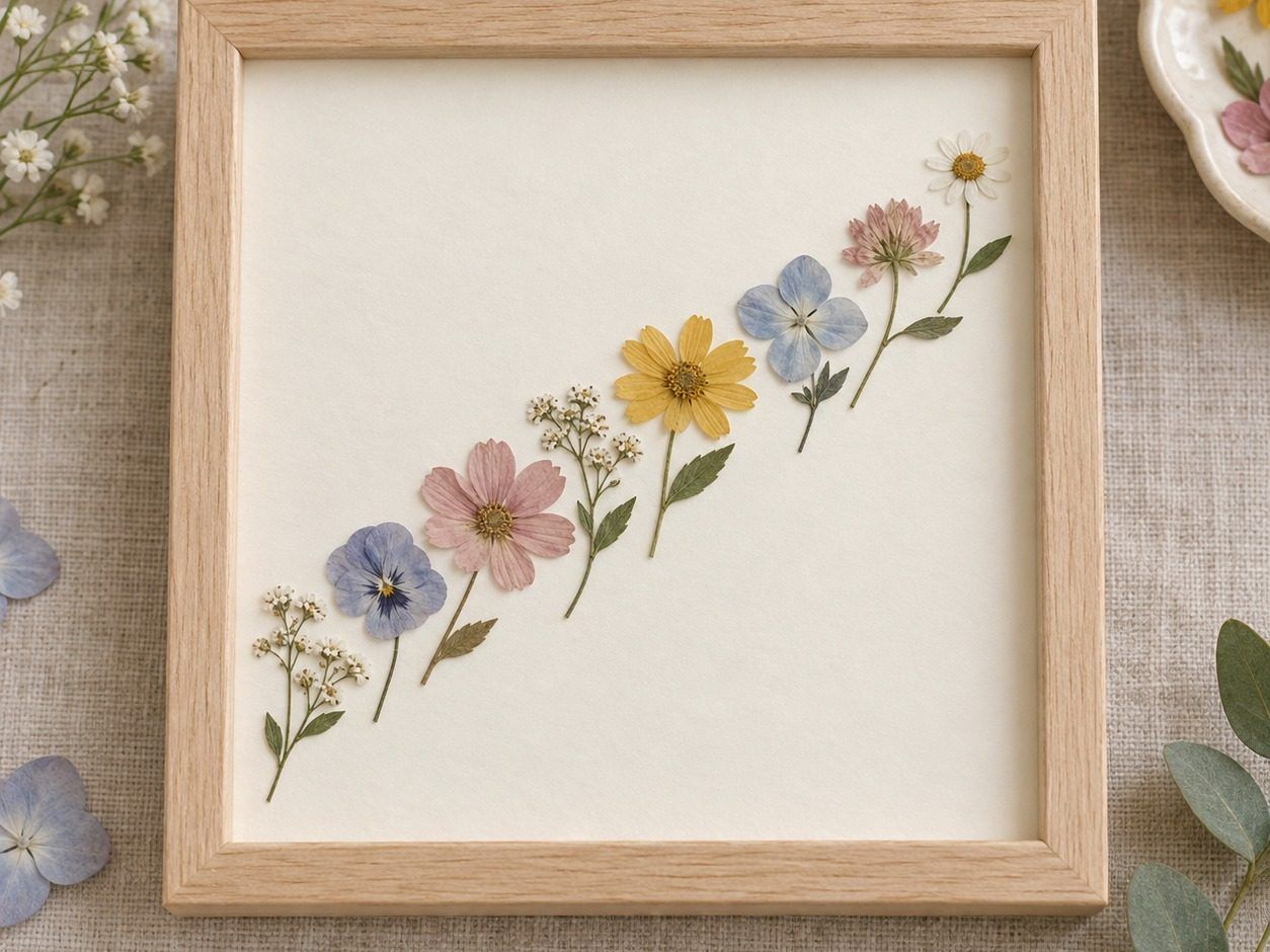 乾燥花壓花拼貼作品裱在木框裡