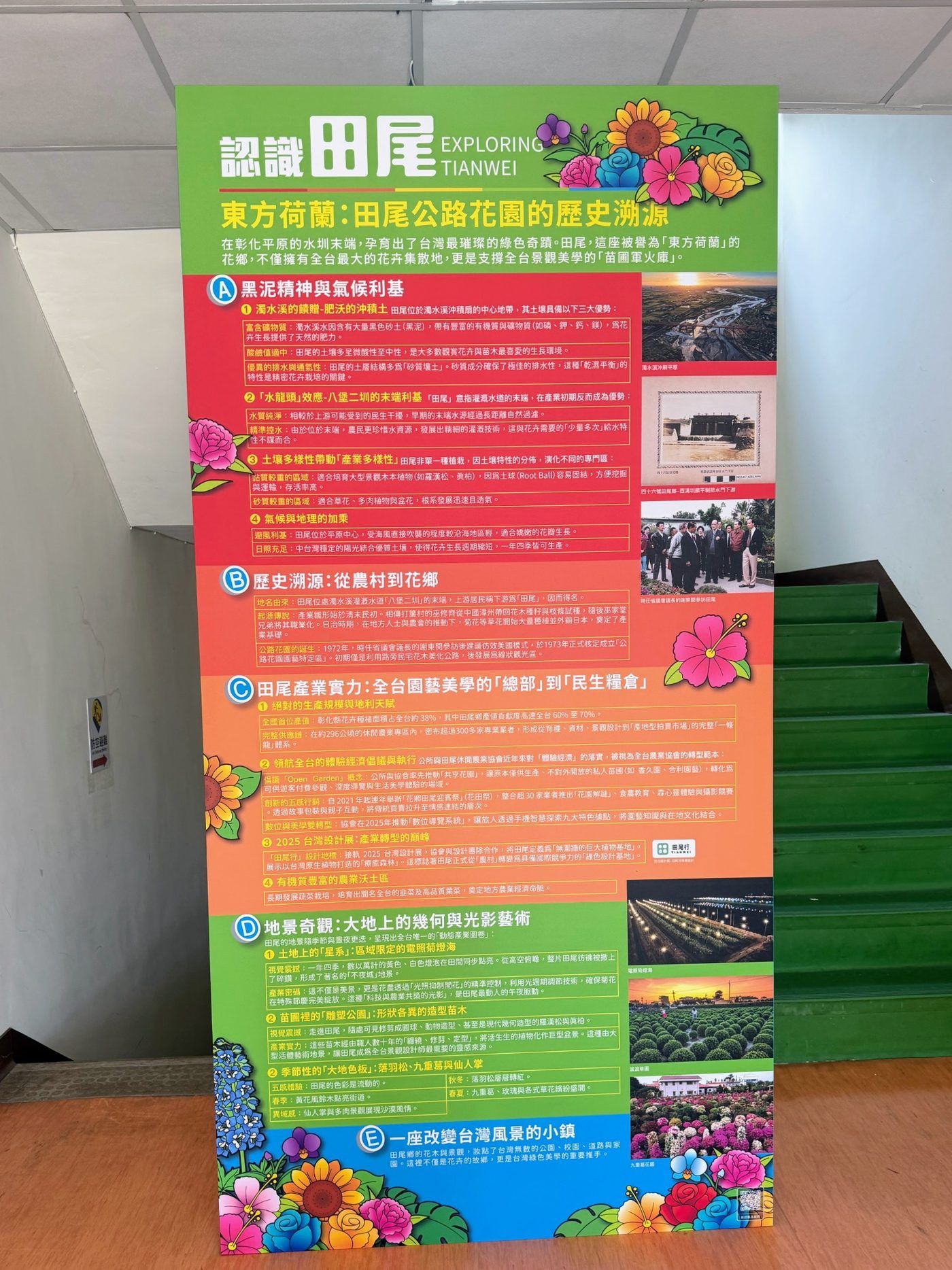 「認識田尾」主題背板，梳理田尾公路花園的歷史與產業發展。